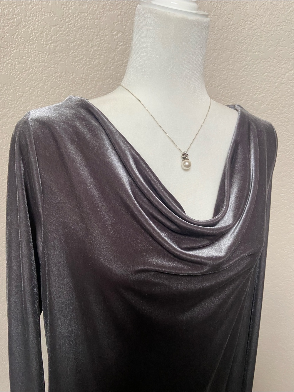 Lands' End Silver-Gray Velvet Cowl Neck Long-Sleeve Sweater, size M/10-12